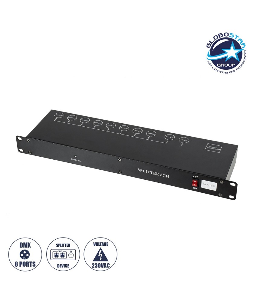 GloboStar® SPLITTER 51178 Διακλαδωτής & Ενισχυτής Σήματος DMX 8 Καναλιών - Rack Mount - AC 220-240V IP20 - Μ48 x Π17 x Υ4.5cm - 2 Χρόνια Εγγύηση
